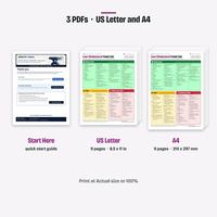The three PDFs: Start Here quick start guide, US Letter 9 pages and A4 9 pages. Print at Actual size or 100%