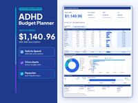 ADHD budget dashboard showing safe-to-spend totals, bills and spending charts.