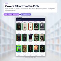 Light Cover Gallery with status, genre and shelf filters and fifteen real Open Library book covers, including The Fellowship of the Ring, Rebecca and Anne of Green Gables; each card lists the real title, author, sample rating and spice