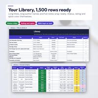 Light Library tab in two views: real book titles, authors, genres, sub genre and series columns, then format, source, shelf, green Read status, pages, dates, rating and spice columns