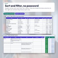 Library tab with filter arrows on each input column header, and a second view of review and notes columns beside tinted progress, days taken and cover link columns