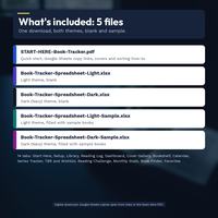 List of the five included files, a Start Here PDF and four xlsx workbooks in Light and Dark (Navy), blank and sample, followed by the names of all 14 tabs