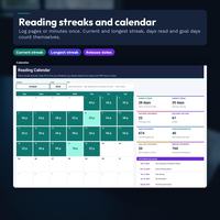 Reading Calendar for October 2026 with daily page counts in teal squares, plus current streak, longest streak, days read, pages this month and an upcoming releases list