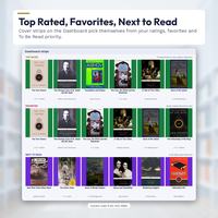 Dashboard cover strips labeled Top Rated, Favorites and Next to Read, with real ISBN covers and titles including And Then There Were None, The Two Towers and Foundation and Empire