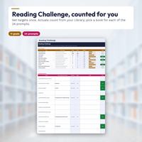 Reading Challenge tab with 11 goals for 2026 showing target, actual, progress bars and Done or Not yet, above a list of 24 reading prompts with chosen real books and dates