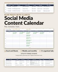 Social Media Content Calendar with a Weekly View grid and a Post Ideas Bank preview.