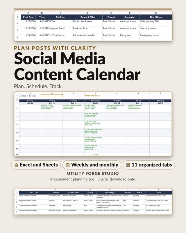Social Media Content Calendar with a Weekly View grid and a Post Ideas Bank preview.