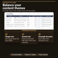 Content Pillars table with pillar name, description, goal, target mix, posts, actual mix and example formats for the six starter pillars