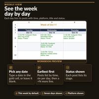 Weekly View zoomed to Tuesday, Wednesday and Thursday with the time, platform, title and status of each post