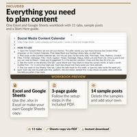 Start Here tab with the workbook title and opening how-to steps; the included three-page PDF guide covers setup
