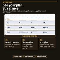 Dashboard tab with KPI tiles for posts planned, scheduled, posted and results