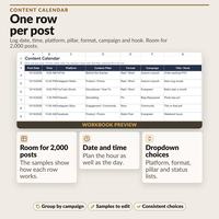 Content Calendar with sample posts in date order showing date, time, platform, pillar, format, campaign and title columns