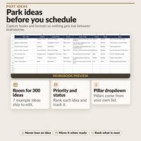 Post Ideas Bank with idea, platform, pillar, format, hook, priority, status and notes columns, seven example ideas and empty rows ready for more