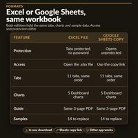 Comparison table of the Excel file and the Google Sheets copy covering protection, access, tab count, chart count, guide and sample posts