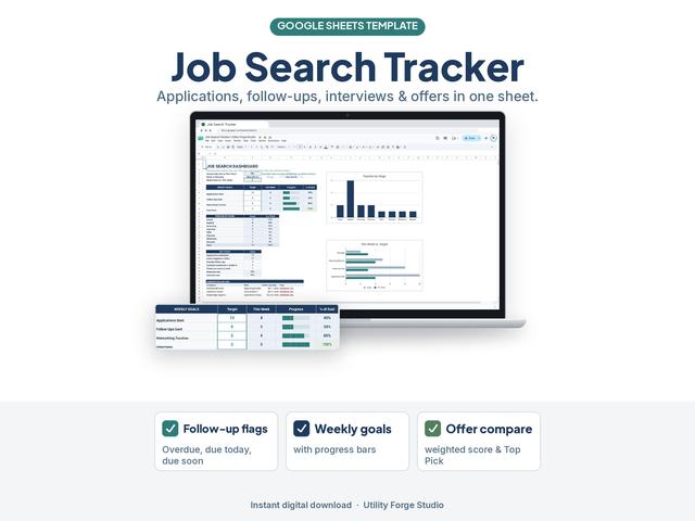 Job search tracker displayed on a laptop with application tables and progress charts.