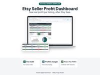Etsy seller profit dashboard displayed on a laptop with listing tables and profit charts.
