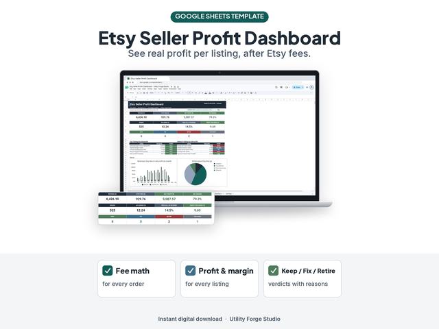 Etsy seller profit dashboard displayed on a laptop with listing tables and profit charts.
