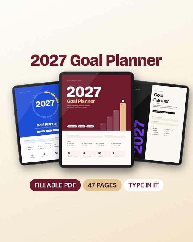 2027 Goal Planner covers displayed on three tablets.