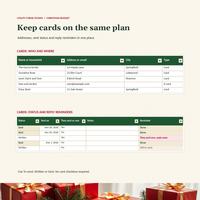 Christmas budget spreadsheet Cards tab with fictional households, addresses, Sent and Written statuses, dates and reply reminders in the Light theme.