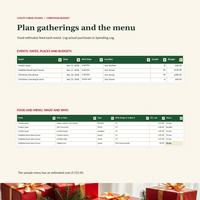 Christmas budget spreadsheet Events and Food and Menu tabs with fictional gatherings, guests, dishes, estimated costs and food status words.