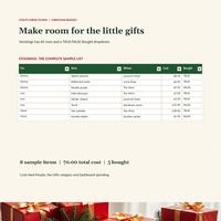 Christmas budget spreadsheet Stockings tab with eight fictional items for Emma, Leo and Mom, costs totalling 70 and five Bought entries set to TRUE.