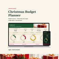 Christmas budget spreadsheet Light Dashboard on a laptop with four progress rings, 555 left to spend and 23 days to go, beside the Dark theme on a phone.