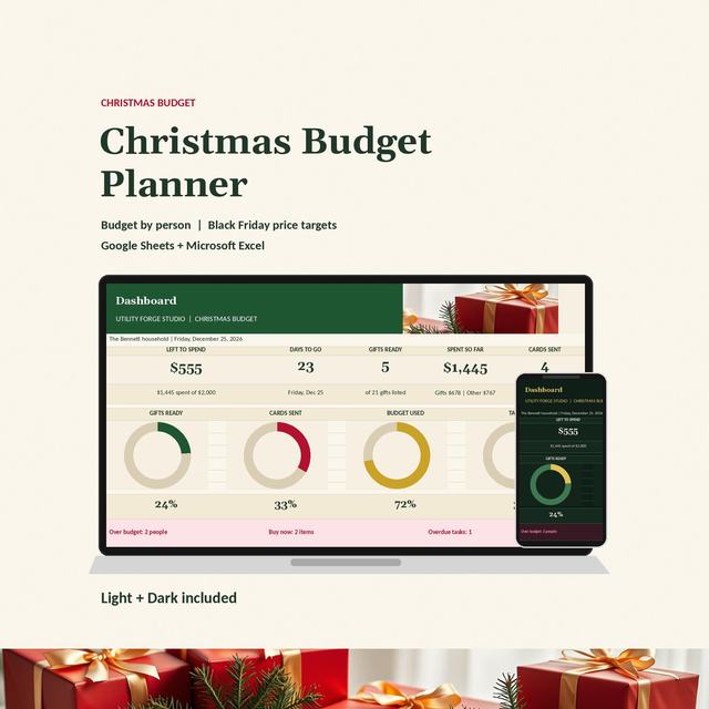 Christmas budget spreadsheet Light Dashboard on a laptop with four progress rings, 555 left to spend and 23 days to go, beside the Dark theme on a phone.