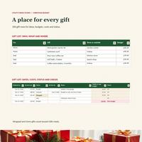 Christmas budget spreadsheet Gift List tab with fictional gift ideas, stores, budgets, actual costs, status words and calculated checks.