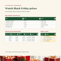 Christmas budget spreadsheet Price Tracker tab showing regular, target and best prices, savings and Buy now signals for the fictional shopping list.