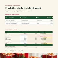 Christmas budget spreadsheet Spending Log and Setup category table showing planned and spent amounts, with Gifts spending of 720 and no unmatched spending.
