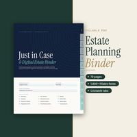 Just in Case estate binder cover beside sample planning forms.