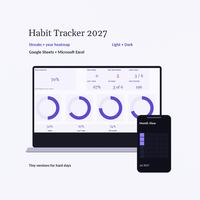 Habit tracker 2027 spreadsheet dashboard in Light with four progress rings, 70% year complete and 3 of 6 done today, beside a phone showing the Dark Month View grid.
