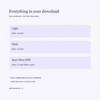 Habit tracker 2027 spreadsheet package includes a Start Here PDF and four workbooks, with Light and Dark blank files plus matching Sample versions.