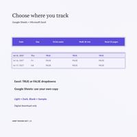 Habit tracker Light theme table with daily habits and TRUE or FALSE entries.