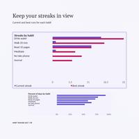 Habit tracker 2027 spreadsheet streak charts compare current and best runs for six habits and display a separate percent of days by habit chart.