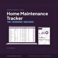 Home maintenance tracker shown on a laptop with a schedule table and repair charts.