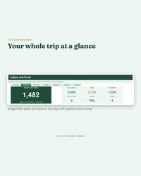 Vacation budget dashboard showing the budget left, spending, trip days left, packed items and bookings still needed.