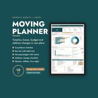 Moving planner on a laptop with a countdown, task list and budget charts.