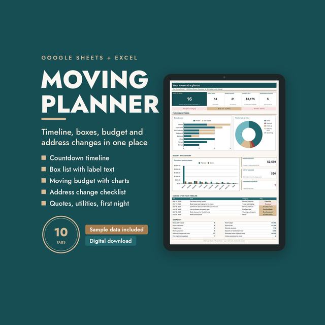 Moving planner on a laptop with a countdown, task list and budget charts.