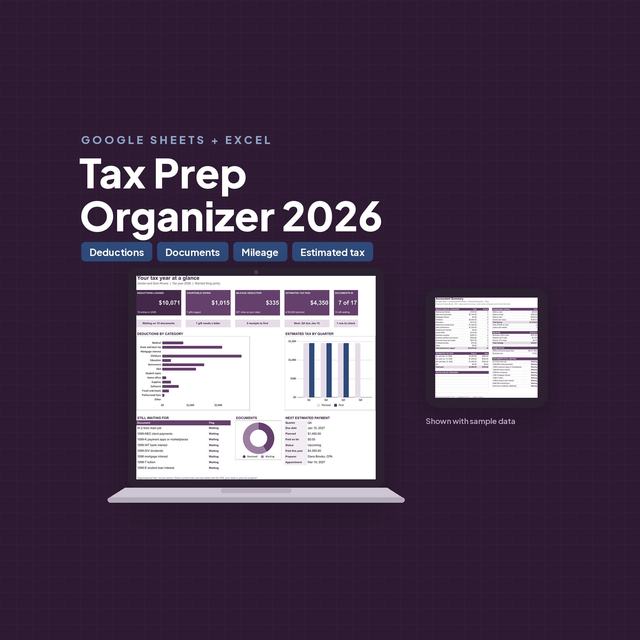 Tax organizer displayed across screens with deduction totals and document tables.