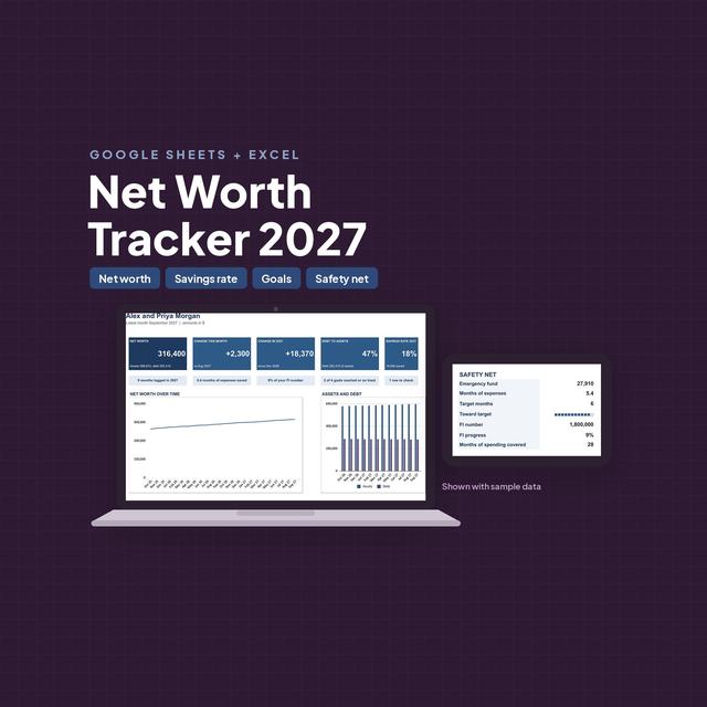Net worth tracker dashboard with account balances and monthly balance charts.