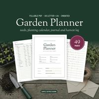 Garden Planner cover between garden planning and journal pages with gardening tools.