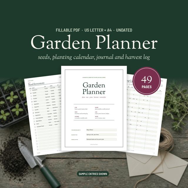 Garden Planner cover between garden planning and journal pages with gardening tools.