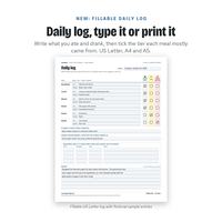 Fillable US Letter daily log with fictional sample entries: what you ate and drank for each meal and a ticked tier box, also in A4 and A5.