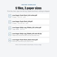 List of the 5 files in the download: the chart in US Letter and A4, the fillable log in Letter and in A4 and A5, and a Start Here guide.