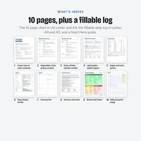 What's inside: thumbnails of all 10 chart pages, from the cover and food tiers to the label guide, grams, swaps, grocery list, sources, wall chart and log.
