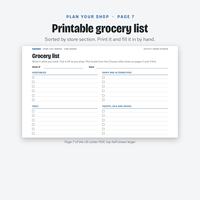 Top half of the page 7 printable grocery list, sorted by store section with tick boxes to fill in by hand.