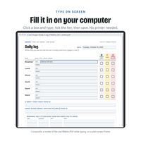 Screen view of the fillable daily log being typed into on a computer, with a meal entered and tier boxes ready to tick.