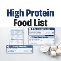 High protein food list pages with protein amounts grouped by serving size.