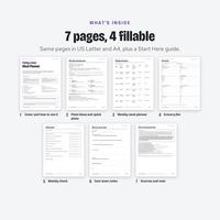 What's inside: 7 fillable pages in US Letter and A4 plus a Start Here guide, shown as page thumbnails